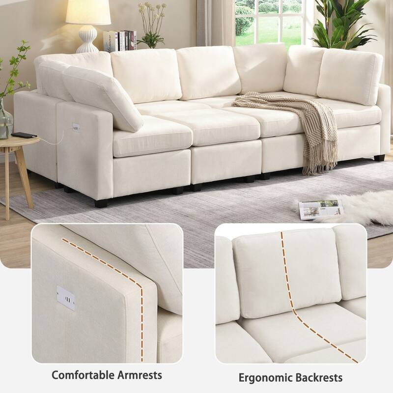 103" U-Shaped Free Combination Modular Sectional Sofa with Two Movable Ottomans and Three USB Ports