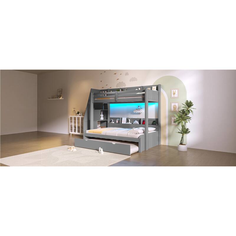 Roomfitters Twin Over Full Bunk Bed with Storage Staircase, Trundle, LED and USB