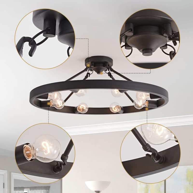 Abigail Wagon Wheel Black Metal Round Rustic Semi-Flush Mount