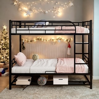 Twin over Twin Metal Bunk Bed with Shelf and Guardrails