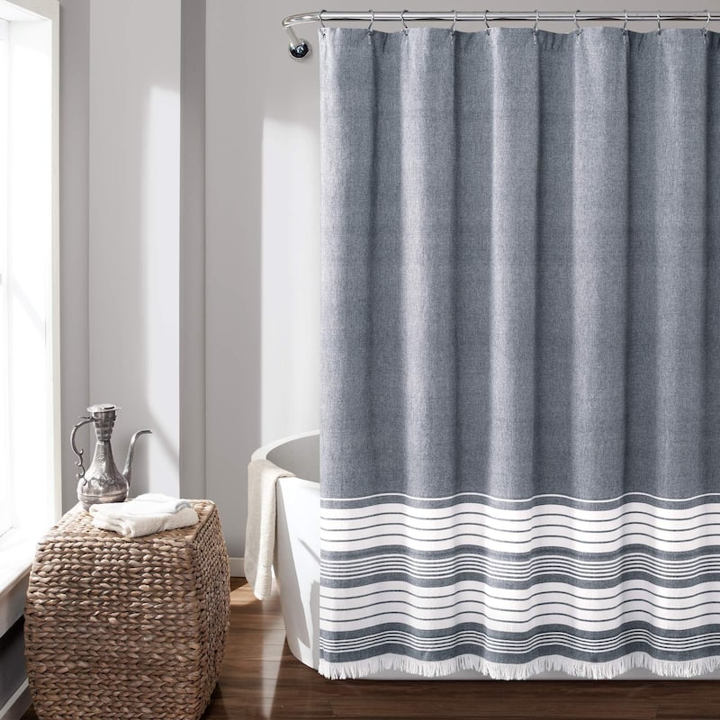 Navy Nantucket Yarn Dyed Cotton Tassel Fringe Shower Curtain