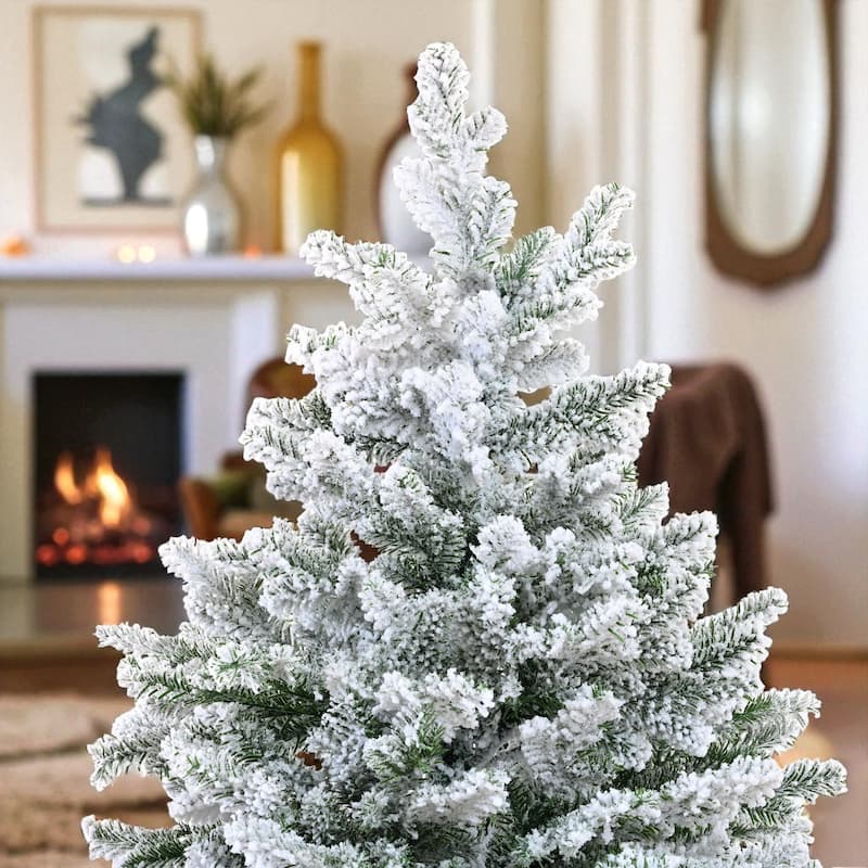 7ft Snow Flocked Artificial Christmas Tree with Hinged Branches, PE PVC Tips and Metal Stand