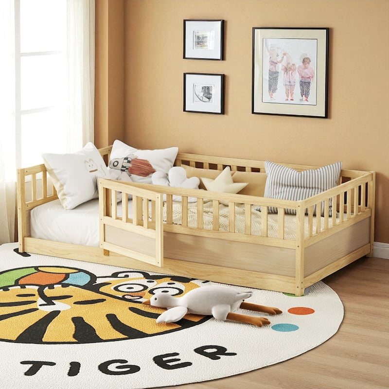 Montessori Twin/Full Size Wooden Floor Bed with Safety Fence and Door, Low Platform Bed Frame for Kids Toddlers - Natural - Twin