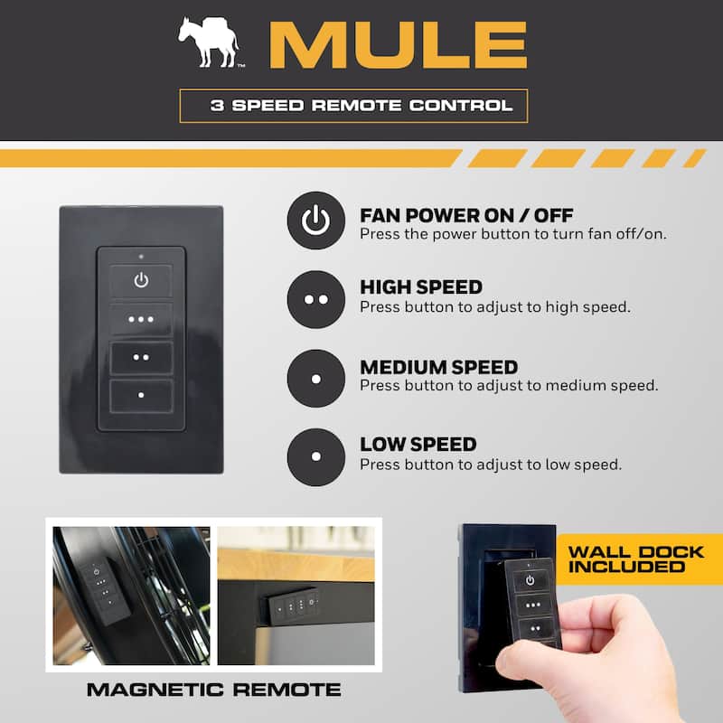 16" Mule Matte Black Outdoor Wet-Rated Pivoting Wall Fan with Remote, 3-Speed AC Motor - 18 Inches