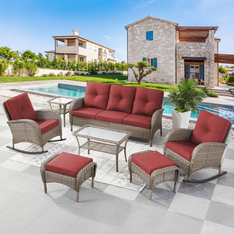 Patio Outdoor Sofa & Rocking Chair & Ottomans & Table - Grey - Red