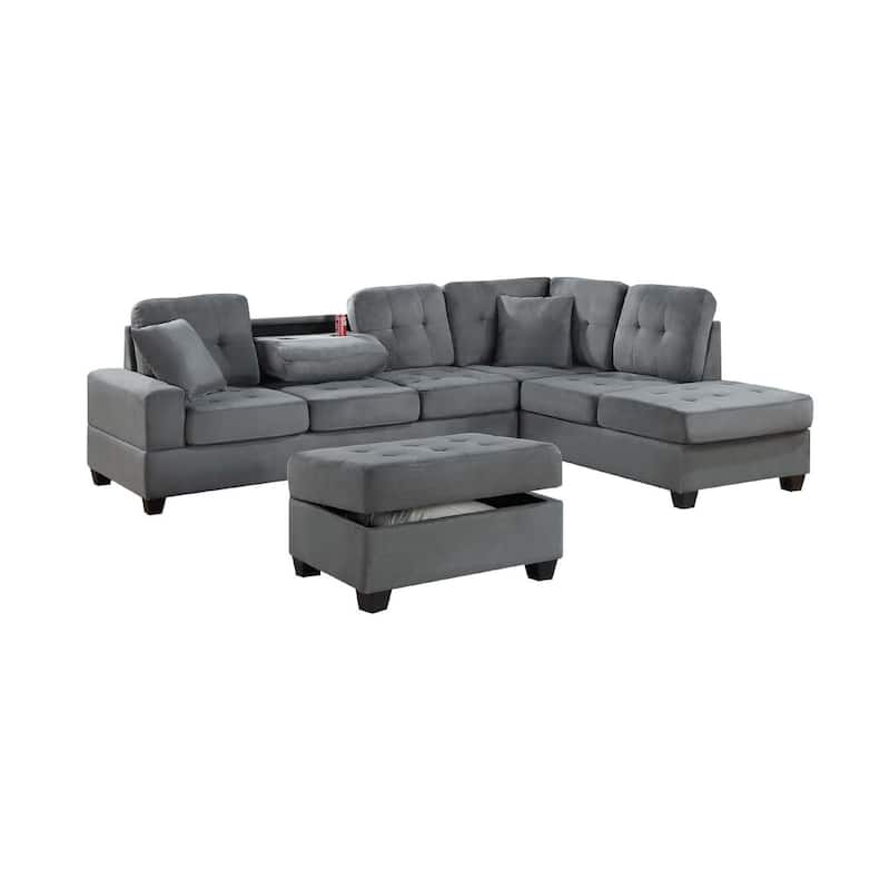 Aea 3pc Sectional Sofa, Chaise and Ottoman Set, 2 Pillows, Dark Gray