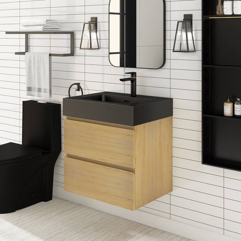 24 in. W x 18 in. D x 25 in. H Single Sink Wall Mounted Bath Vanity for Modern Bathroom Black Sink Basin