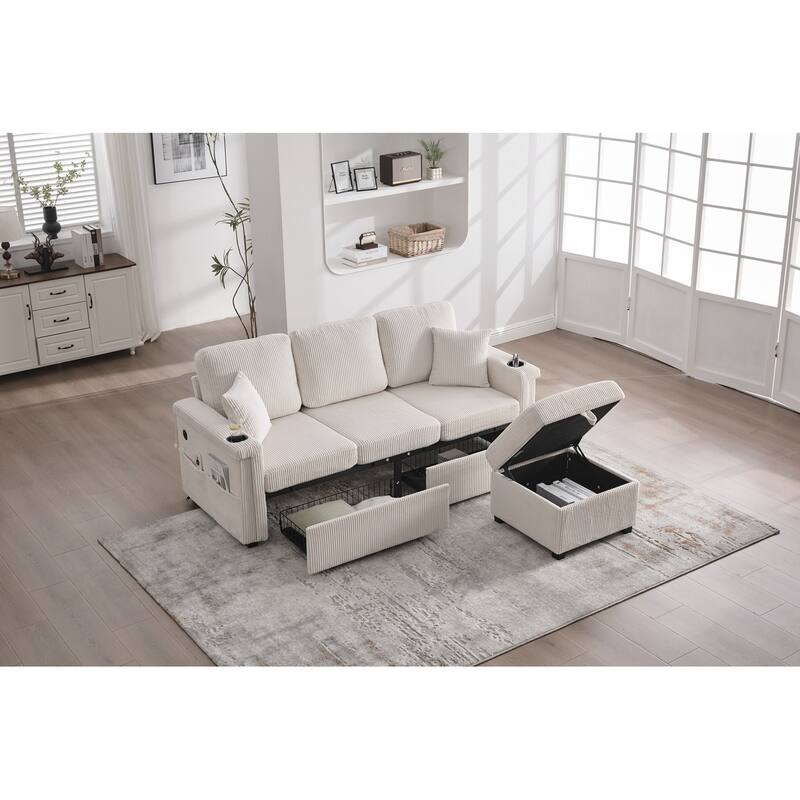 L-Shaped Sectional Sofa with Pull-Out Storage,Ottoman & Pillows 3-Seat with USB Charging,Cup Holder, Convertible Design