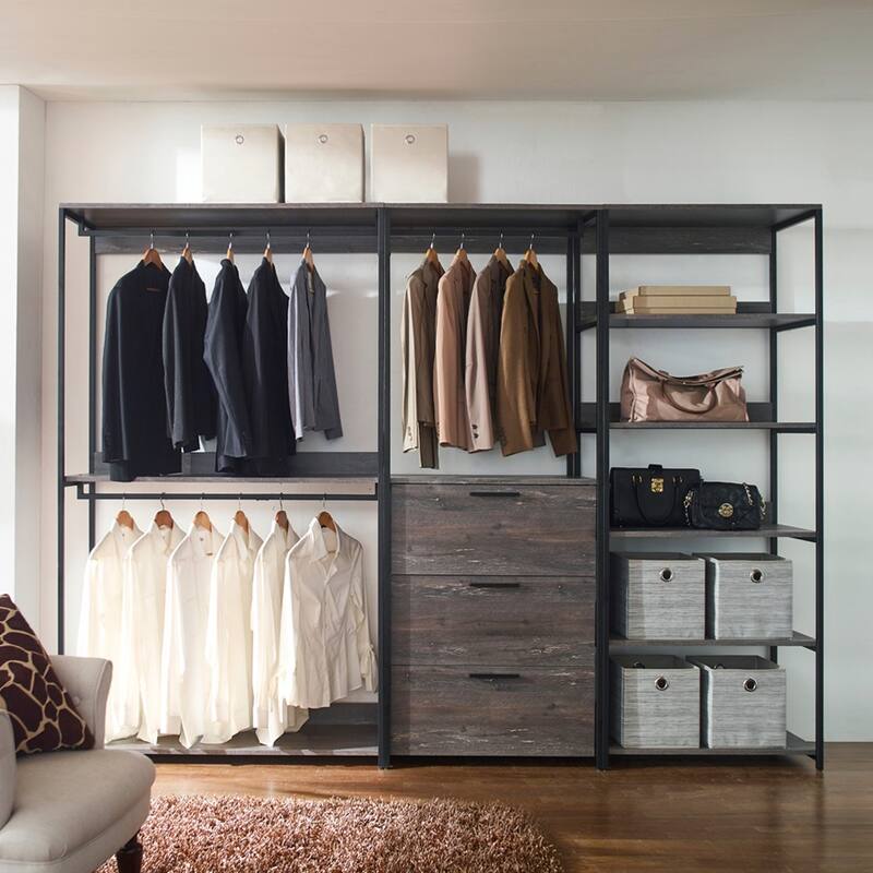 Monica Rustic Gray Freestanding Walk in Wood Closet System with Metal Frame