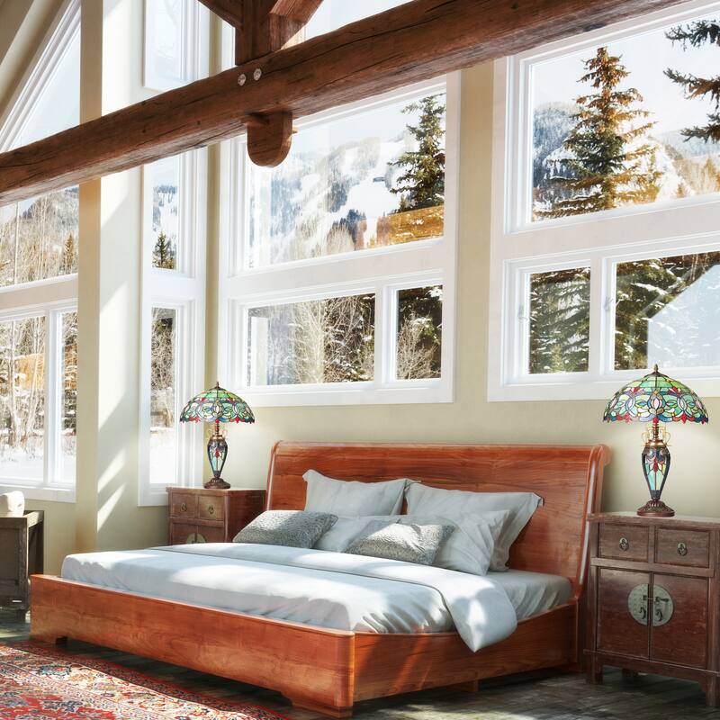 Winslow River of Goods Victorian Double Lit Stained Glass Dome Shade 24.5-Inch Table Lamp - 17.25" x 17.25" x 24.5"