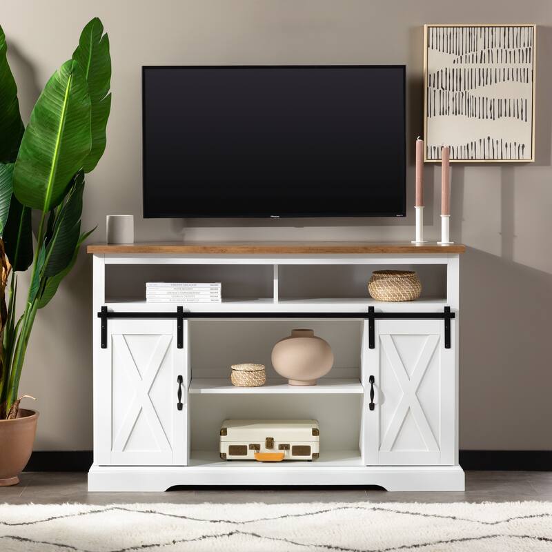 Middlebrook 52-inch Highboy Sliding Barn Door TV Stand - White / Rustic Oak