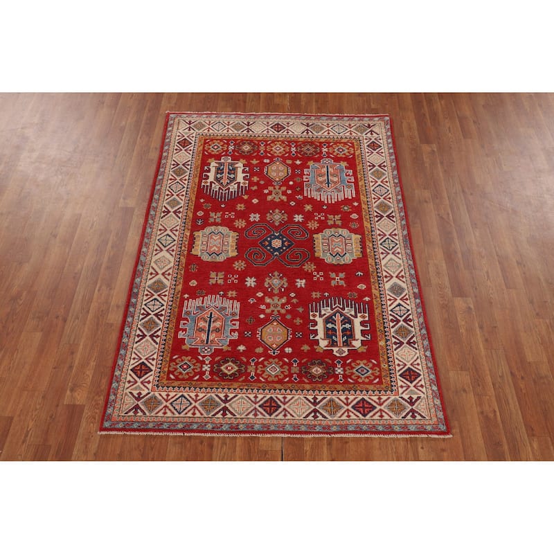 Red Geometric Kazak Oriental Accent Rug Hand-Knotted Wool Carpet - 4'3" x 6'0"