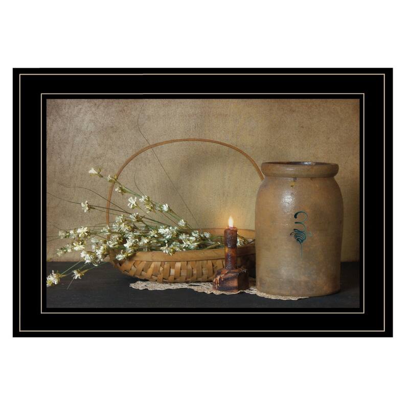 TrendyDecor4U Farmhouse "Basket of Flowers" Framed Print Wall Art by Susie Boyer - Brown, White, Blue, Tan, Earth Tones - Black