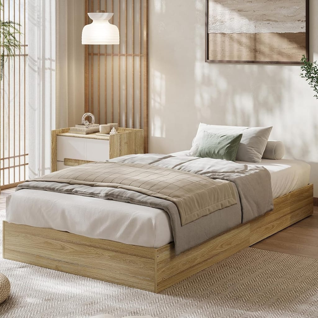 Solid Wood Platform Bed, Floor-Standing Bed Frame with Strong Wooden Slats