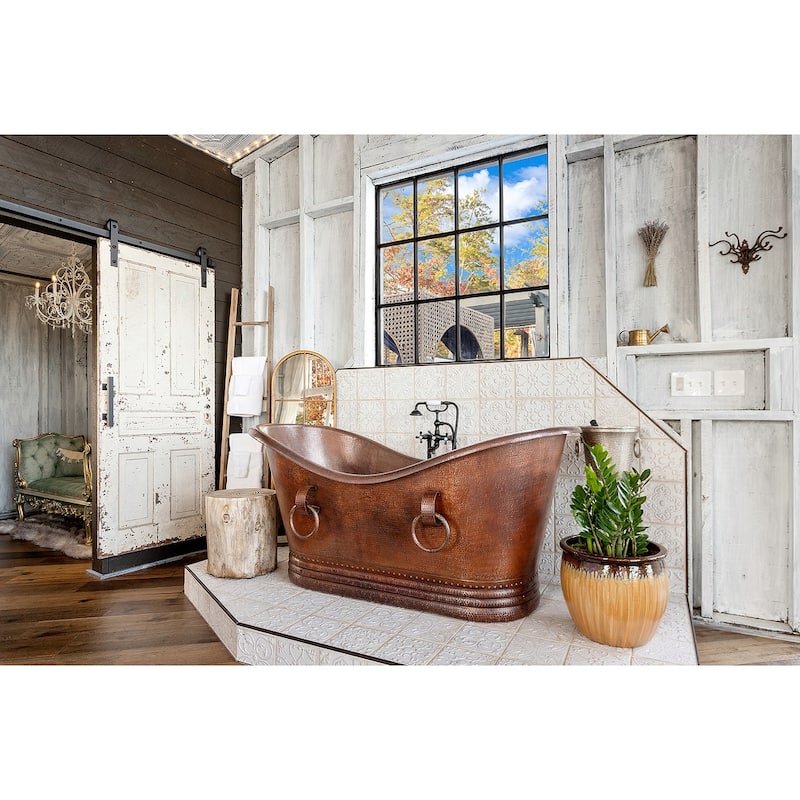 67-in Hammered Copper Double Slipper Bathtub With Rings in Oil Rubbed Bronze (BTDR67DB)