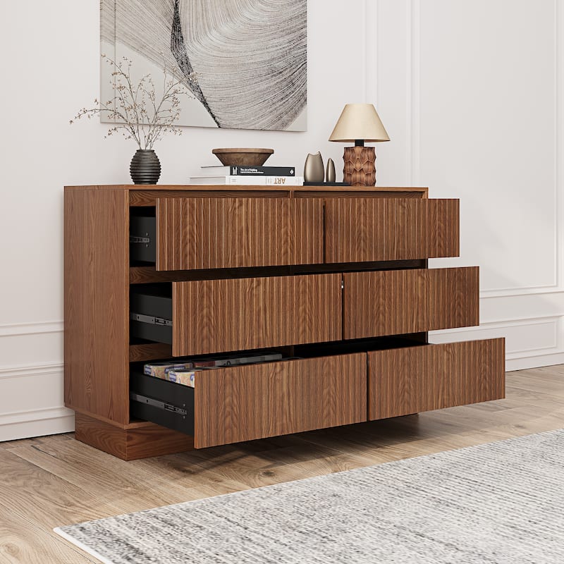 6 Drawers 47.3'' W Double Dresser With Walnut Waveform Fluted Panel Versatile Storage