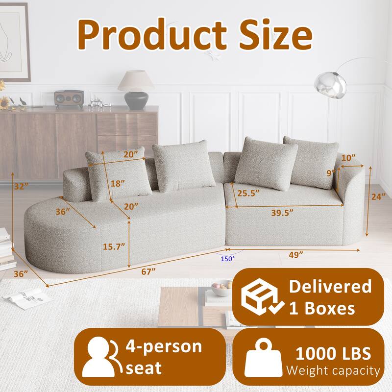 112" Chenille Curved Sectional Sofa with 4 Pillows, Extra Deep Seating and No Assembly Required