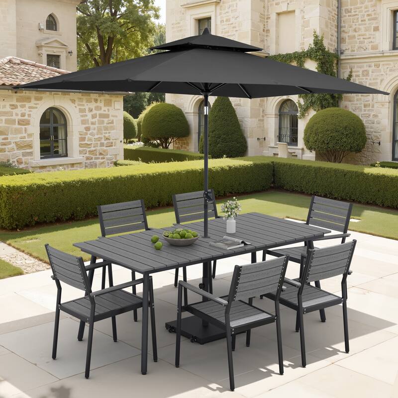 9-Piece Outdoor Dining Set Aluminum Table and 8 Stackable Chairs and 10 ft Umbrella with Base - Grey Table with Black Umbrella