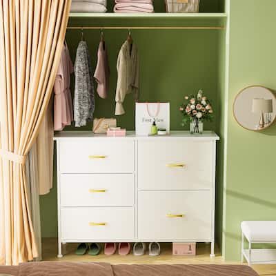 Dresser for Bedroom with 5 Drawers TV Stand for 45" TV, Wide Bedroom Dresser Storage Organizers, Fabric Chest of Drawers, White