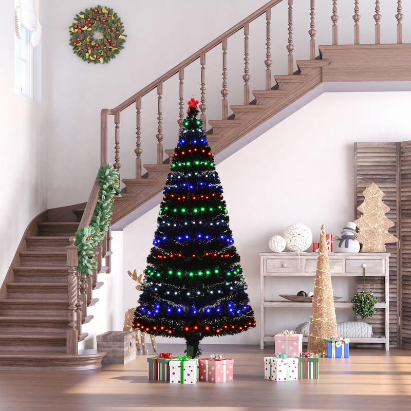 HOMCOM 6 ft. Prelit Artificial Christmas Tree with Stand, Colored Christmas Tree - Black