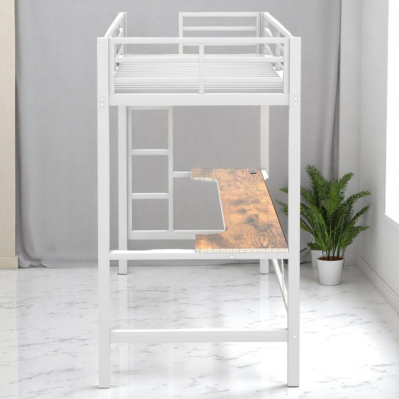 Twin/Full Size Gaming Metal Loft Bed with Desk, Remote LED Light & USB Charging Station - Space-Saving Frame