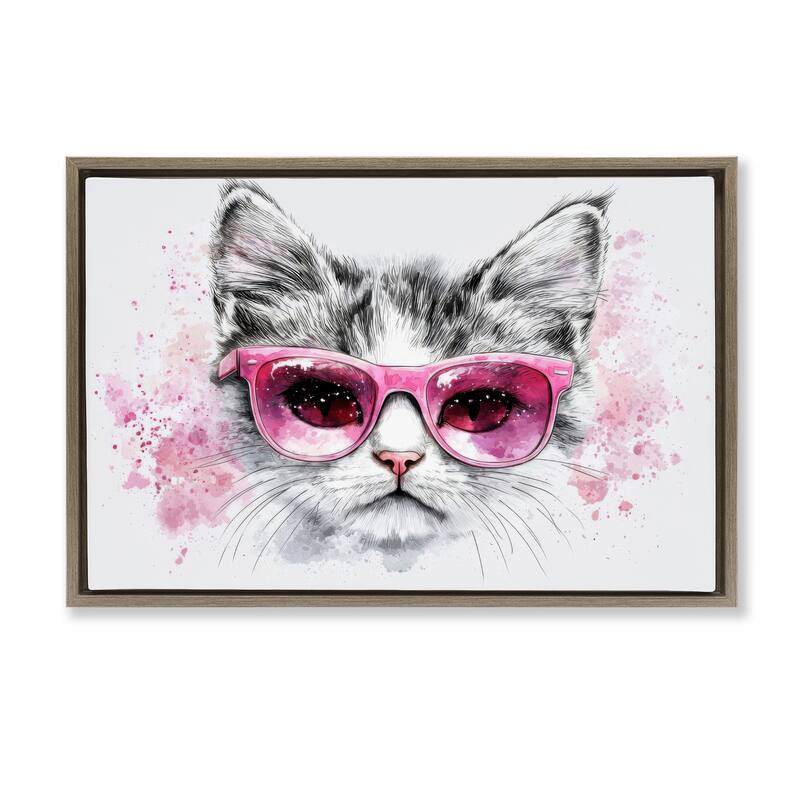 Stupell Cool Cat with Sunglasses Framed Floater Canvas Wall Art Design By LSR Creative Studio - 25 x 17 - Brown