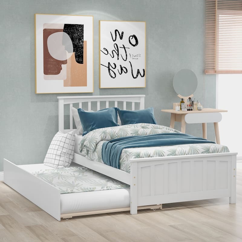 Twin Size White/Gray Platform Bed with Trundle, Solid Pine Wood, Minimalistic Design - White