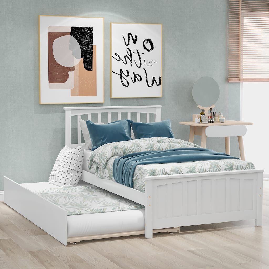 Twin Size White/Gray Platform Bed with Trundle, Solid Pine Wood, Minimalistic Design