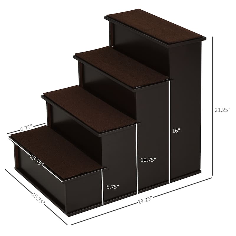 PawHut 4-Step Wooden Pet Stair Pet Steps with Soft Short Plush Cushions on Each Step, Dark Coffee - Brown - 4 Stair