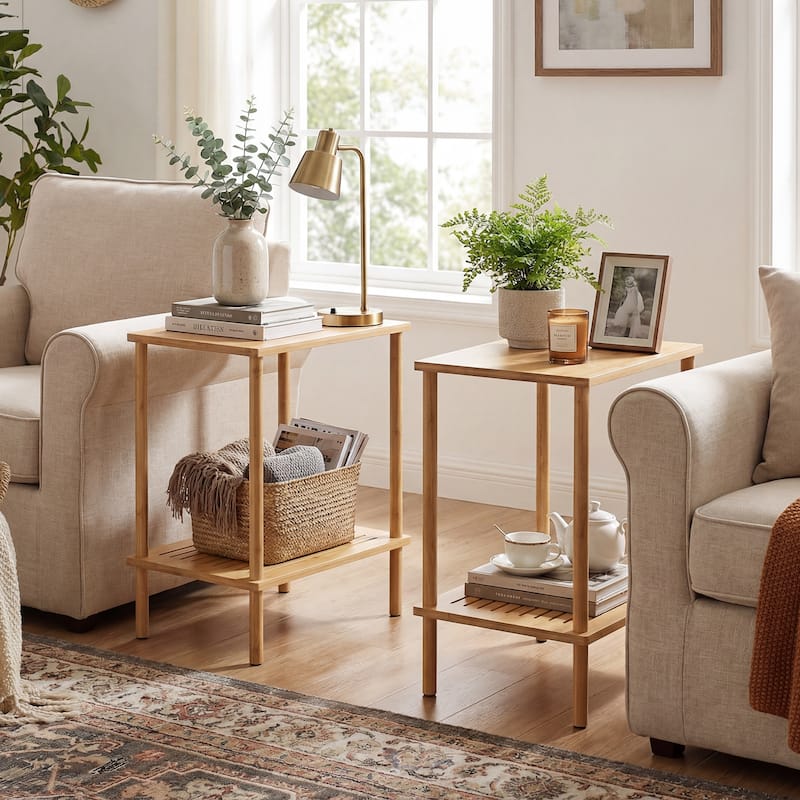 Gymax Side Table Set of 2 w/Storage Shelves Rectangular Tea Sofa Table