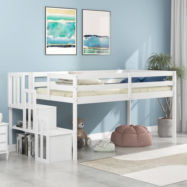 slide 2 of 5, Multifunctional Design Wood Loft Bed with Built-in Storage Staircase, Ample Storage Space, Twin Size, White White