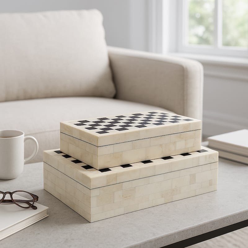 Black and White Checkered Polyresin & MDF Storage Boxes - Set of 2 - 12" x 8" x 3.75"