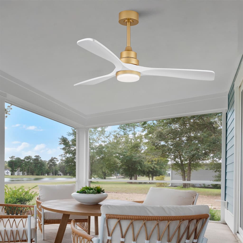 52 Inch Indoor Ceiling Fan With Dimmable LED Light 3 Solid Wood Blades Remote Control Reversible DC Motor - Gold+White