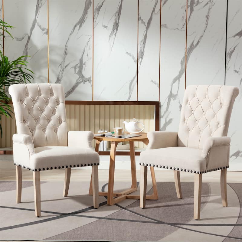 Fabric Upholstered High Back Arm Dining Chair with Oak Wood Legs