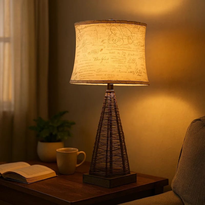 Metal Pyramid Base Table Lamp Set of 2 with Wire Design and Scripted Shade, Gray