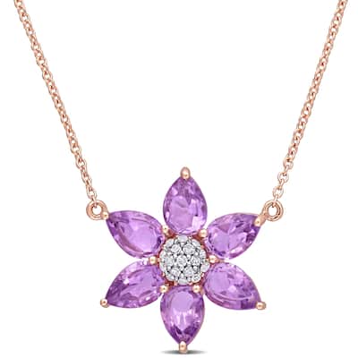 Miadora 10k Rose Gold Pear-cut Amethyst and 1/10ct TDW Diamond Clustered Floral Necklace