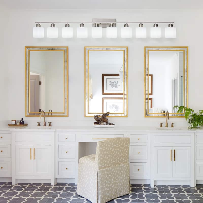 10-Light 65" Nickel Bathroom Vanity - Milky Glass - Wall Sconce for Bedroom, Living