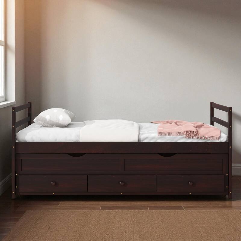 Twin Size Bed with Headboard, Footboard, Trundle, and Three Storage Drawers, Solid Pine Wood Twin Bed Frame with Storage