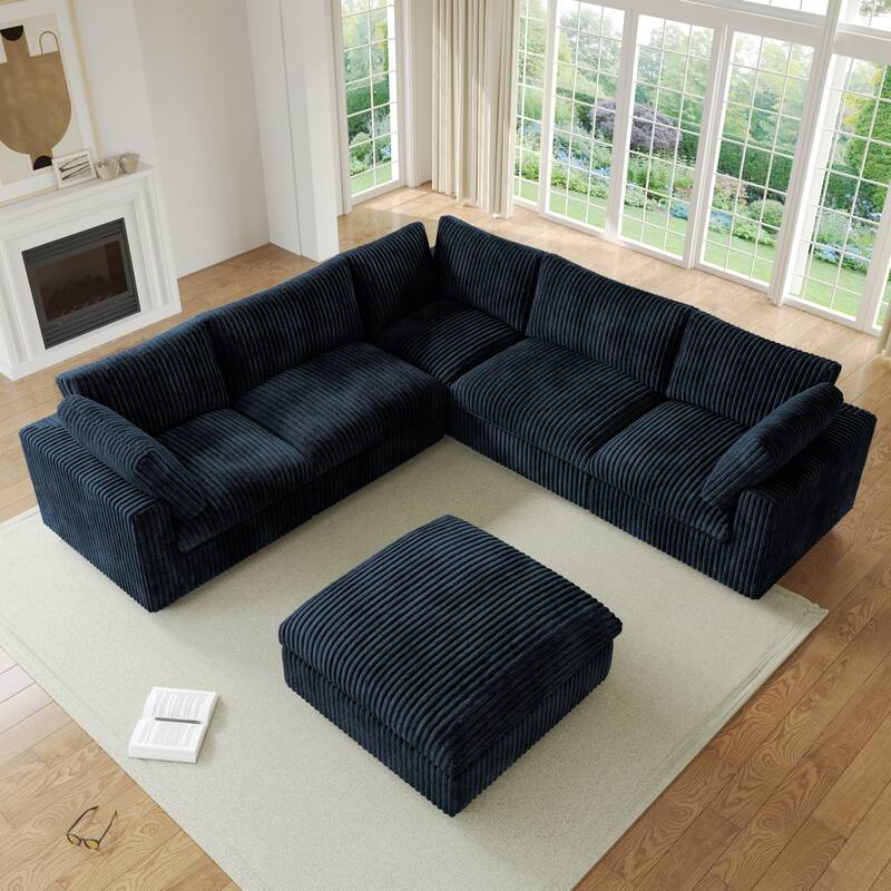 Cloud Corner Sofa Soft Plush Upholstered Modular Sectional Sofa Down Filled Living Room Couch - Black with Ottoman