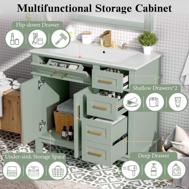 36" Modern Bathroom Vanity with Ceramic Sink, 4 Drawers, 2 Doors, Soft Close, Solid Wood Frame, Freestanding Design