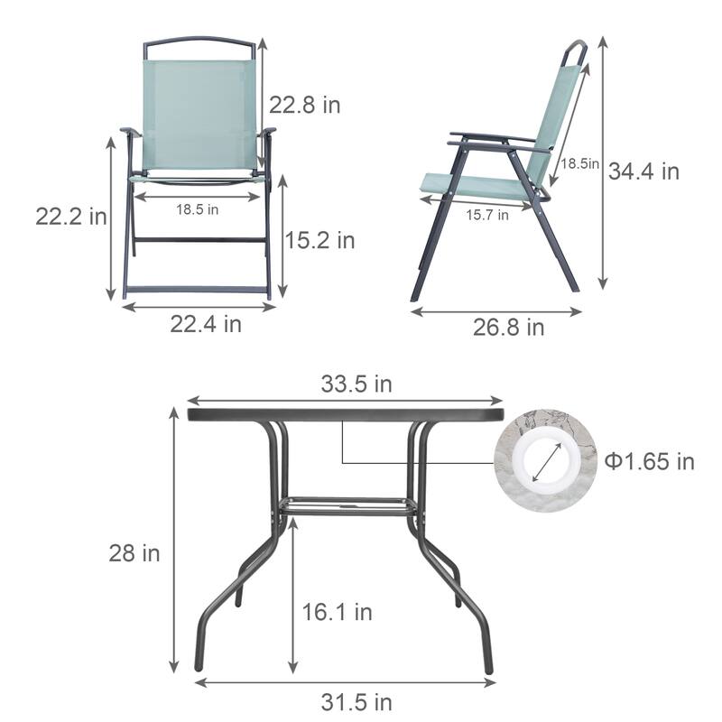Outdoor 5-piece Patio Dining Set Folding Chairs and Glass Table with Umbrella Hole - See the specifications