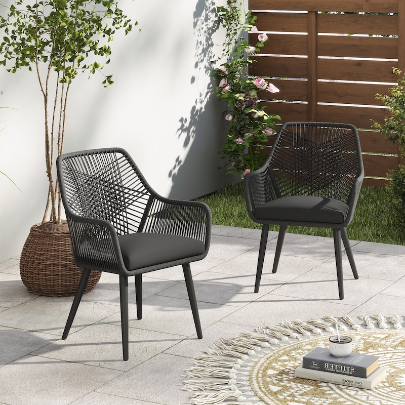 Outdoor Patio Woven Rope Dining Chairs With Armrest and Seat Cushions - 2 Pieces Black