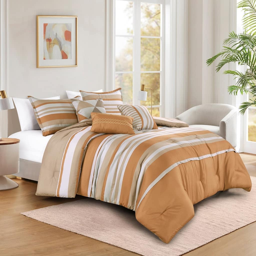 6 Piece Orange Beige Striped Modern Soft Bedding Comforter Set