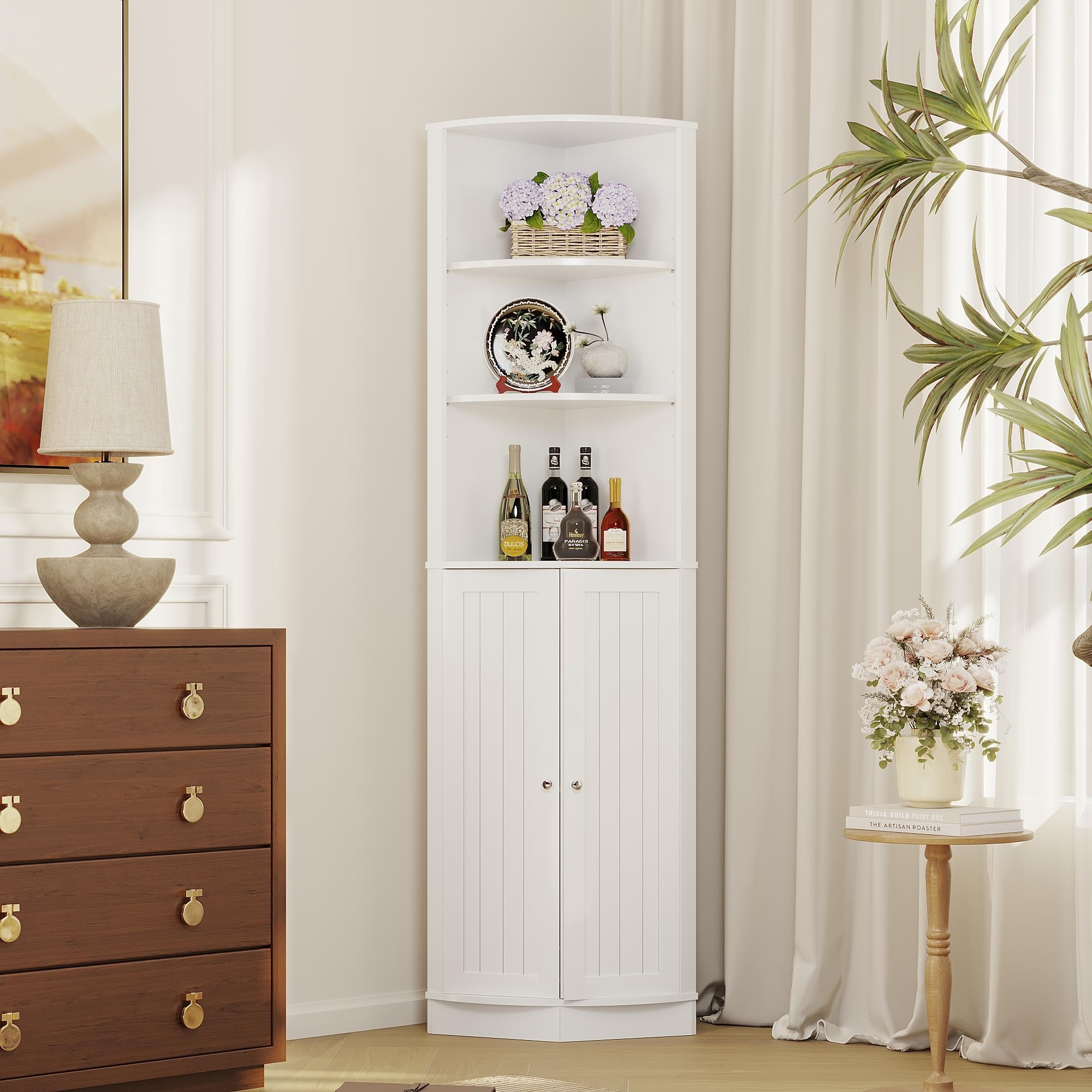 67"H Corner Cabinet with 2 Doors and Adjustable Shelves, Narrow Freestanding Storage Cabinet Organizer, Corner Storage Cabinets