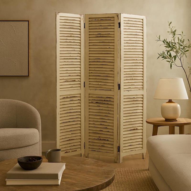 Cream Wood Hinged Foldable Partition 3 Panel Room Divider Screen with Horizontal Slats - White