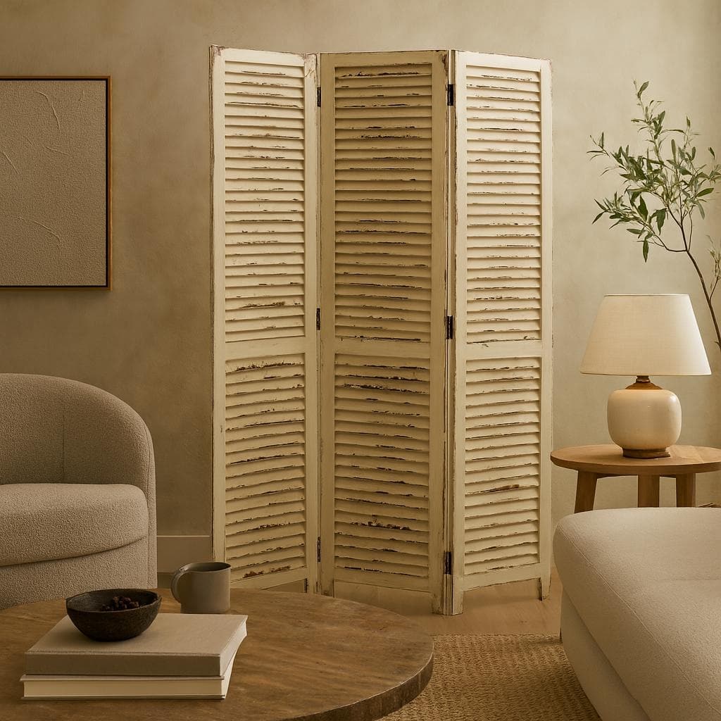 Cream Wood Hinged Foldable Partition 3 Panel Room Divider Screen with Horizontal Slats
