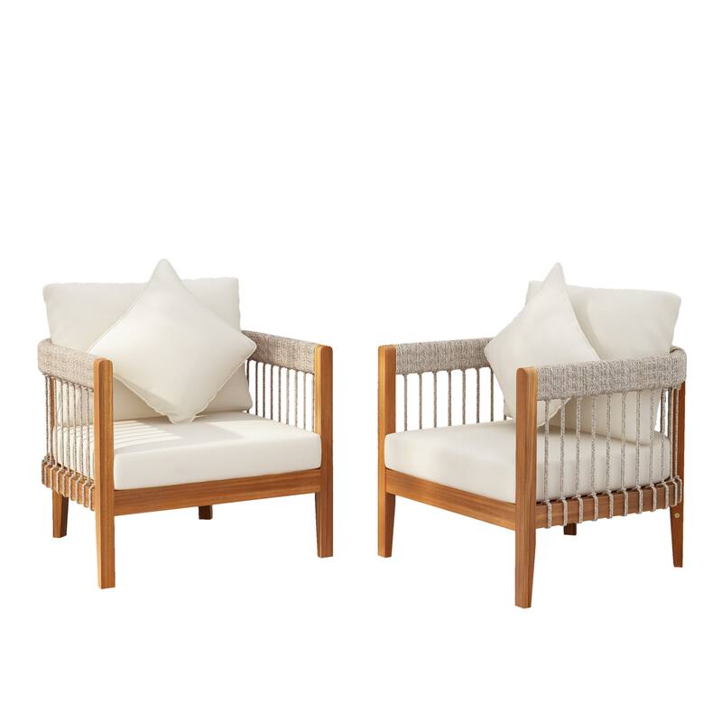 Acacia Wood Outdoor Club Chair with Handwoven Rope and Curved Backrest, Water-Resistant and Comfortable for Patio or Garden. - Natural+Beige