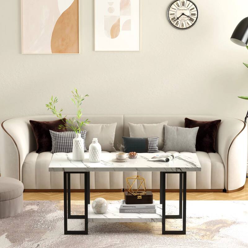 2 -Tier Rectangle Coffee Table, Black Base and Faux Marble Table top for Living Room, Double Metal Leg Design