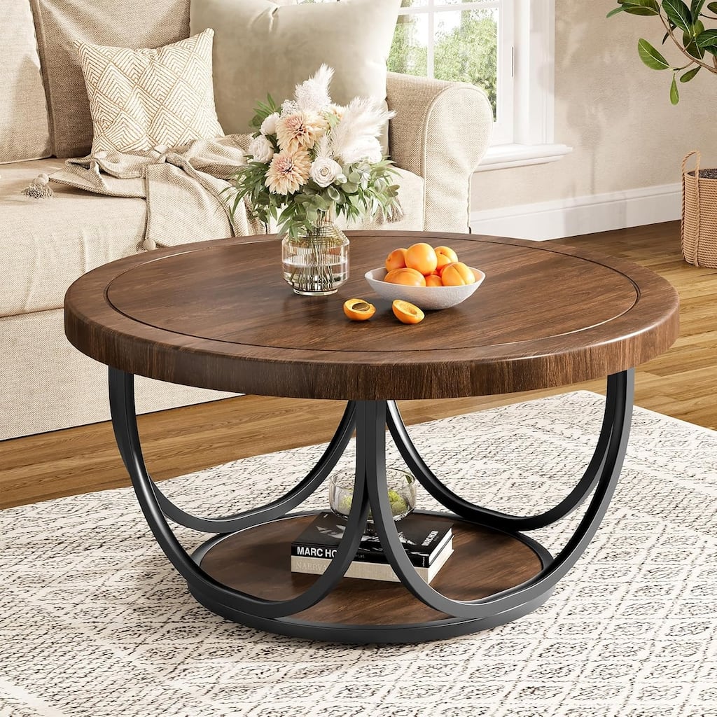 35.4" Round Coffee Table with 2 Tiers, Wooden Circle Accent Cocktail Table with Storage Shelf and Metal Frame