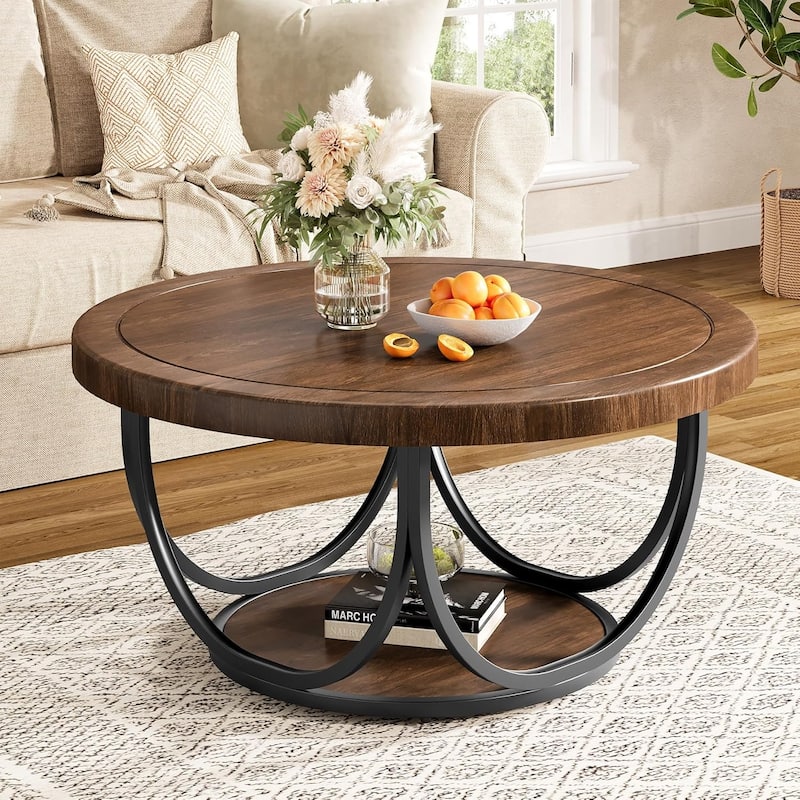 35.4" Round Coffee Table with 2 Tiers, Wooden Circle Accent Cocktail Table with Storage Shelf and Metal Frame - Rustic Brown & Black